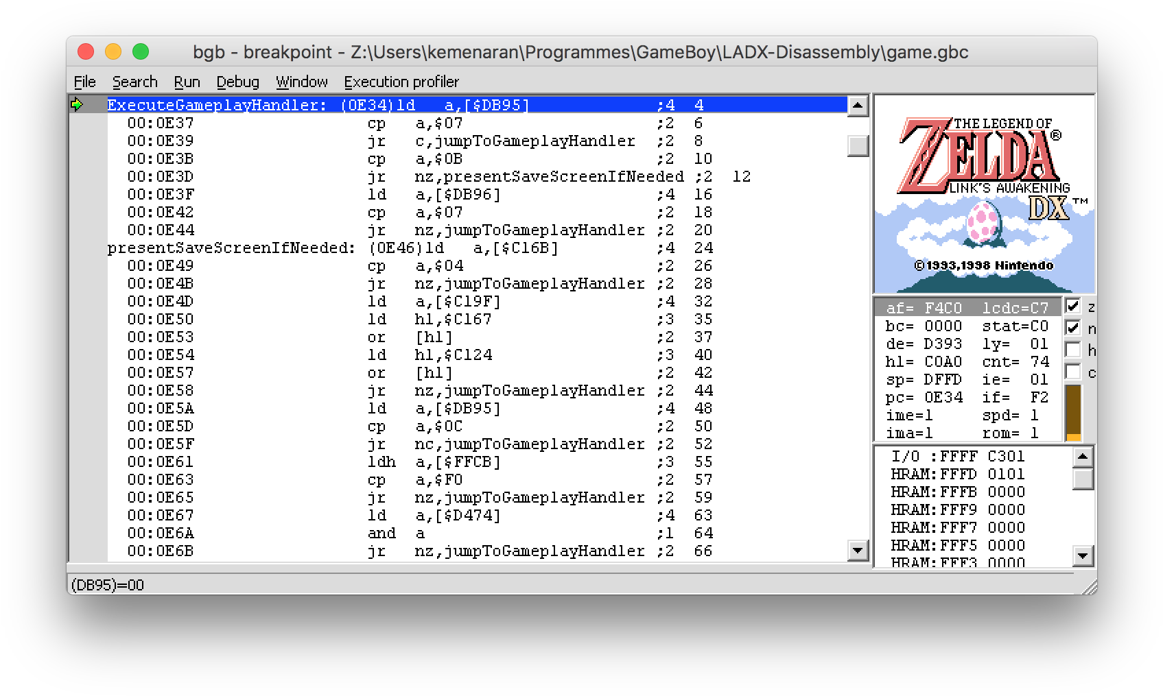 Bgb Debugger Without The Memory Location Labels - Legend Of Zelda: Link's Awakening Dx 3ds - Eshop Code (1726x1038), Png Download