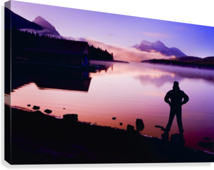 Silhouette Of A Man At A Mountain Lake Canvas Print - Silhouette Of A Man At A Mountain Lake Posterprint (429x342), Png Download