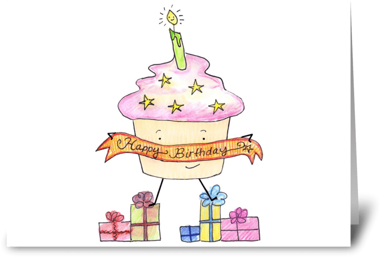 Happy Birthday Cupcake & Presents Greeting Card - Illustration (848x698), Png Download