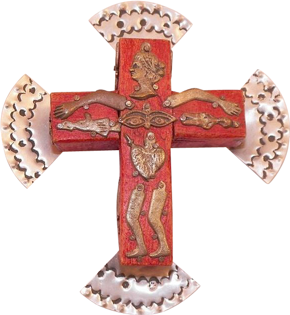 Mexican Folk Art Red Wooden Cross With Milagros Signed - Cross (626x626), Png Download