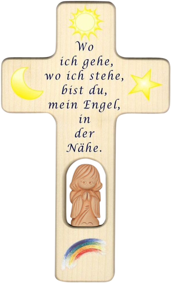 Wood Cross With Angel - Holzkreuz Mit Tonengel Spruch Wo Ich Gehe ? 20 X 11 (791x1063), Png Download