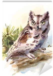 Watercolor Owl Sitting On The Branch Hand Painted Wild - Mother Of Pearl Shell Owl Bird Color Printing Pendant (400x400), Png Download