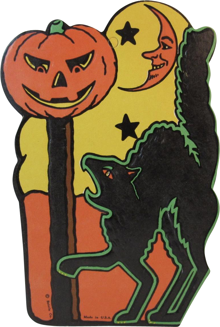 Halloween Black Cat Jack O Lantern And Moon Embossed - Old Halloween Decoration (1146x1146), Png Download