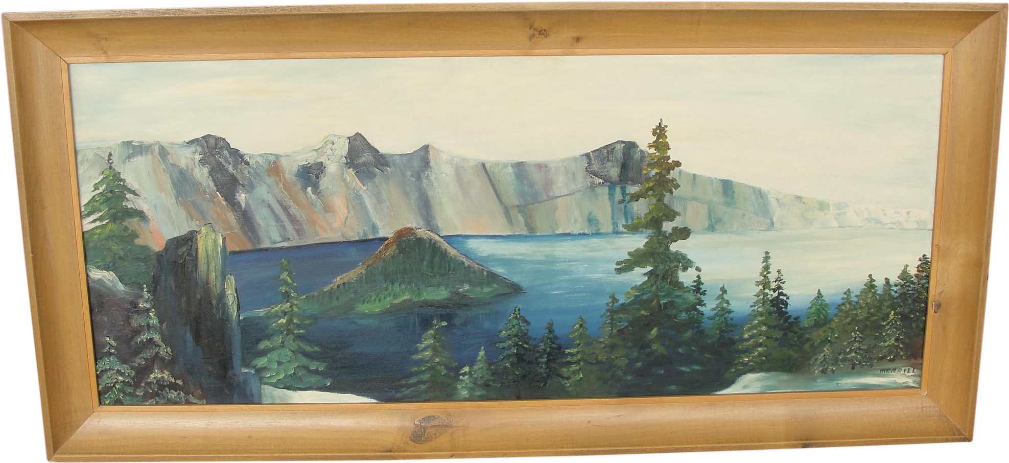 Vintage Oil On Board Landscape Of Mountain Lake By - Drawing (2193x1006), Png Download