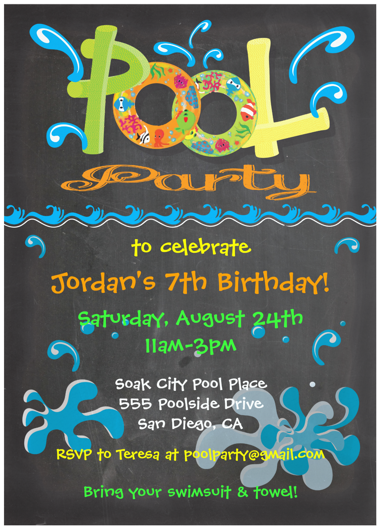 2 Chalkboard Pool Party Invitation - Birthday (2000x2000), Png Download