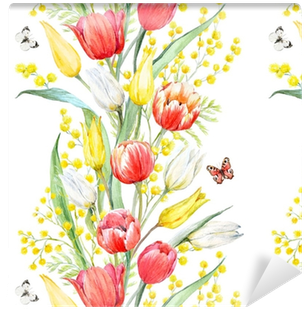 Watercolor Mimosa And Tulip Pattern Wallpaper • Pixers® - Watercolor Painting (400x400), Png Download