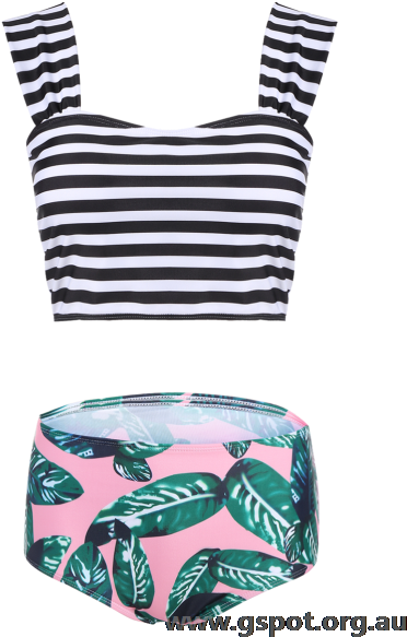 Swimwear So2uca88173 - Zaful Palm Leaf Striped Off The Shoulder Bikini. (451x600), Png Download