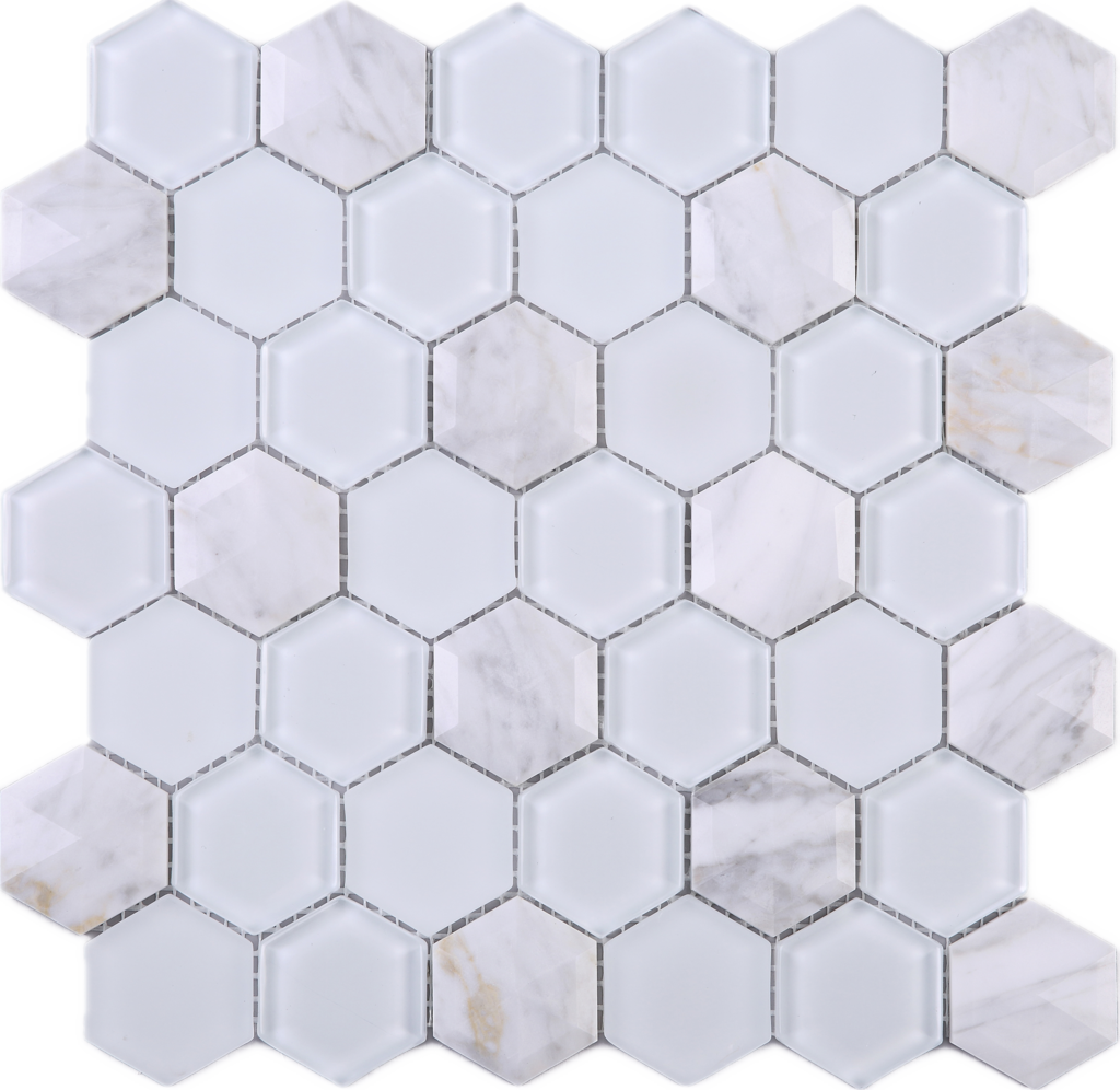 Hexagon White Carrara & White Glass Mosaic Tile- Multile - 2 Calacatta Gold Hexagon Tile (1024x996), Png Download