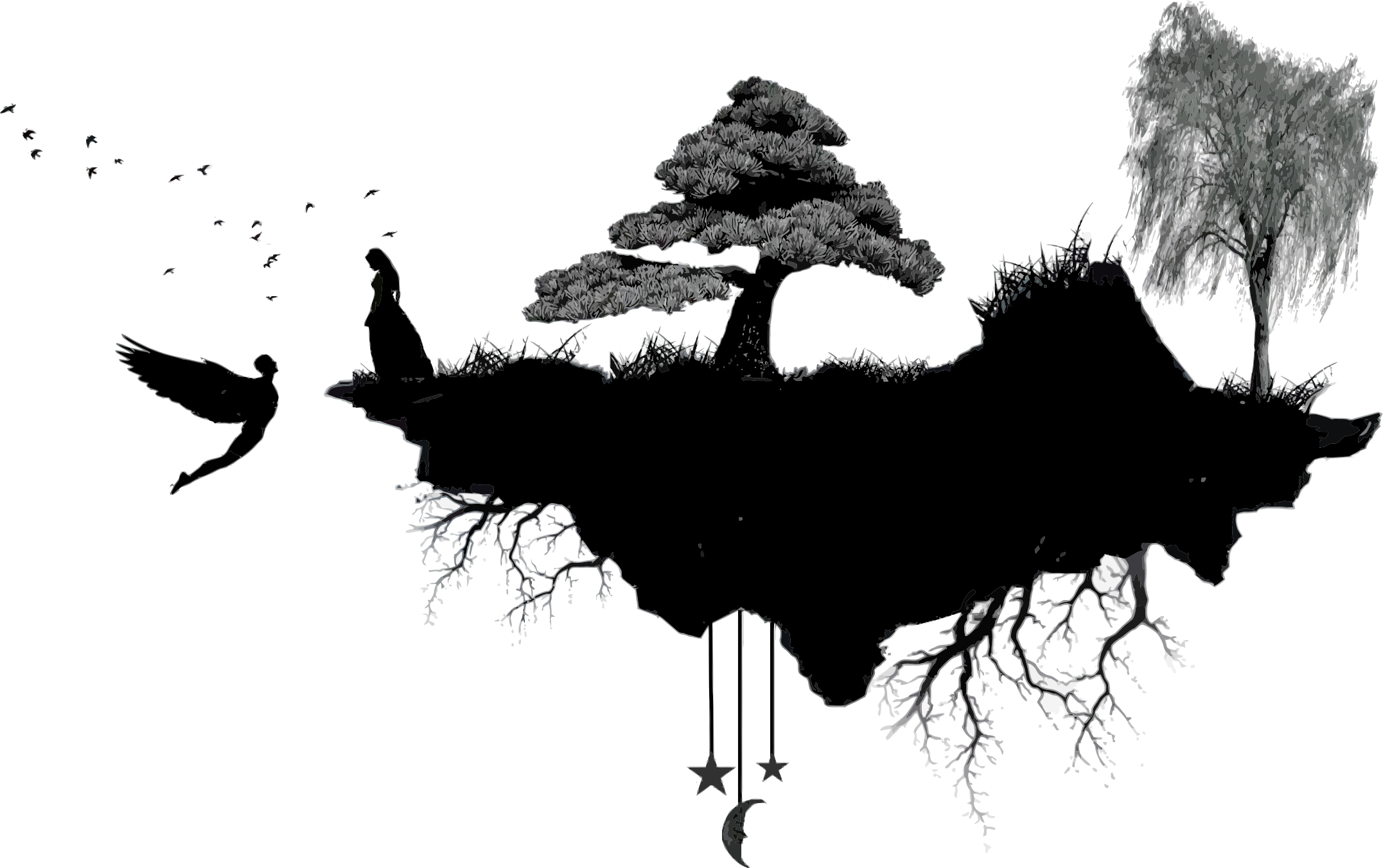 Floating Island Drawing Silhouette Free Commercial - Floating Island Silhouette (1195x750), Png Download