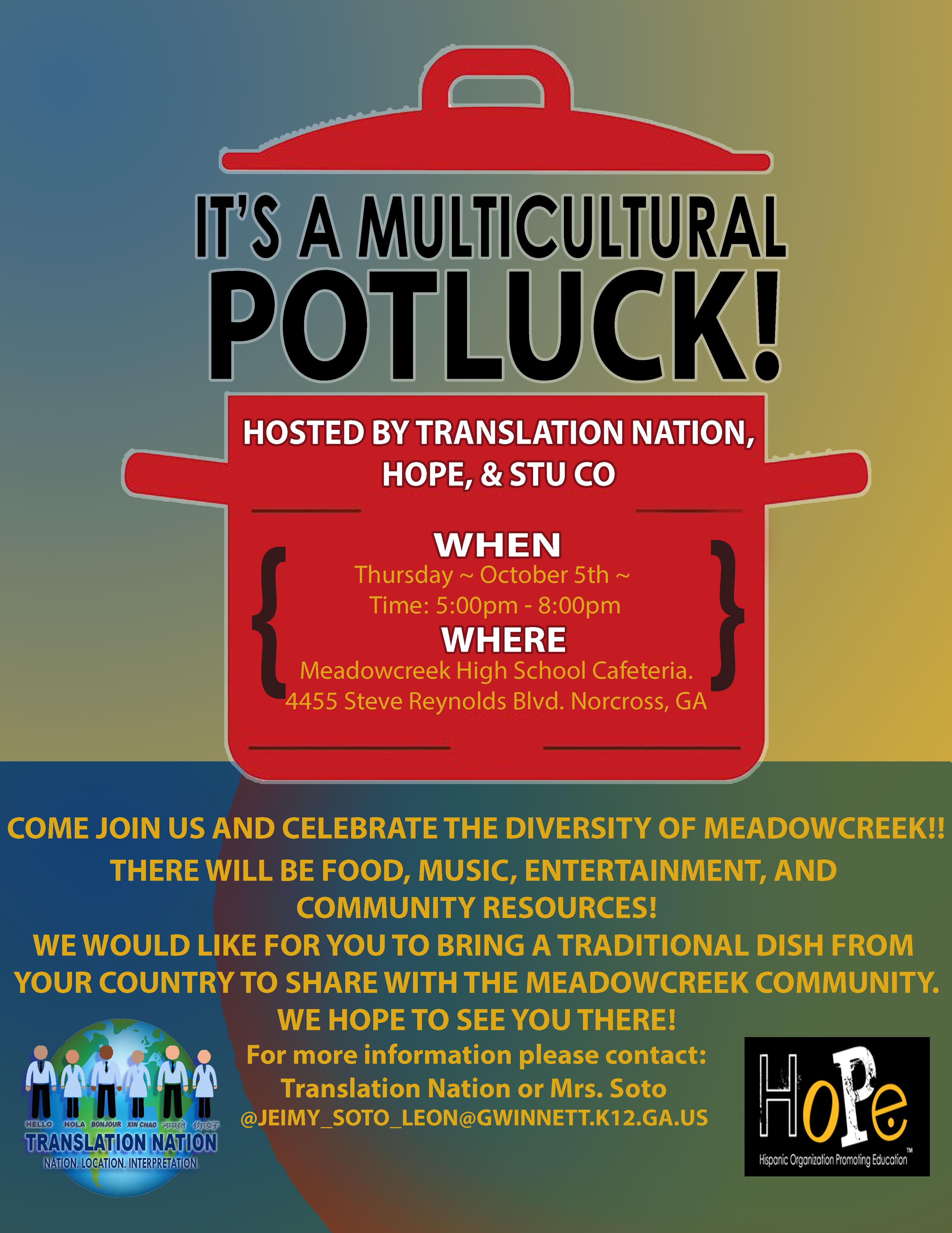 Multicultural Potluck At Meadowcreek High, Oct - Multicultural Potluck Flyer (3400x4400), Png Download