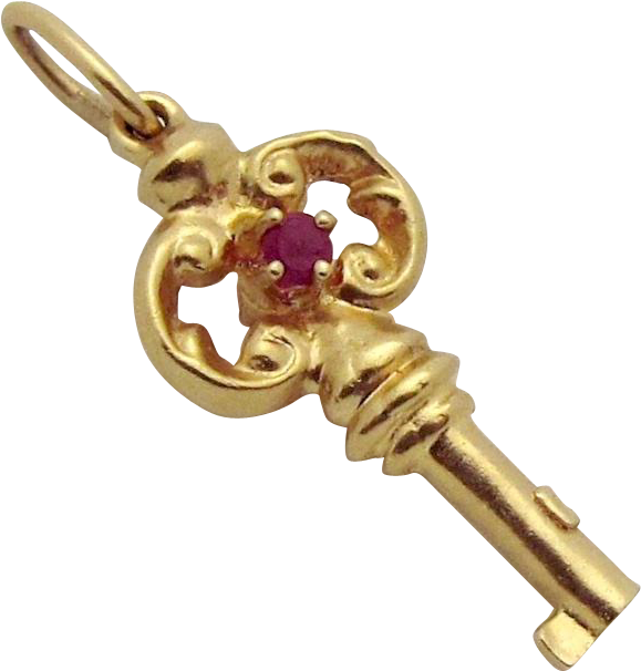 Vintage 14k Gold 3d Jeweled Skeleton Key With Ruby - Gold (605x605), Png Download