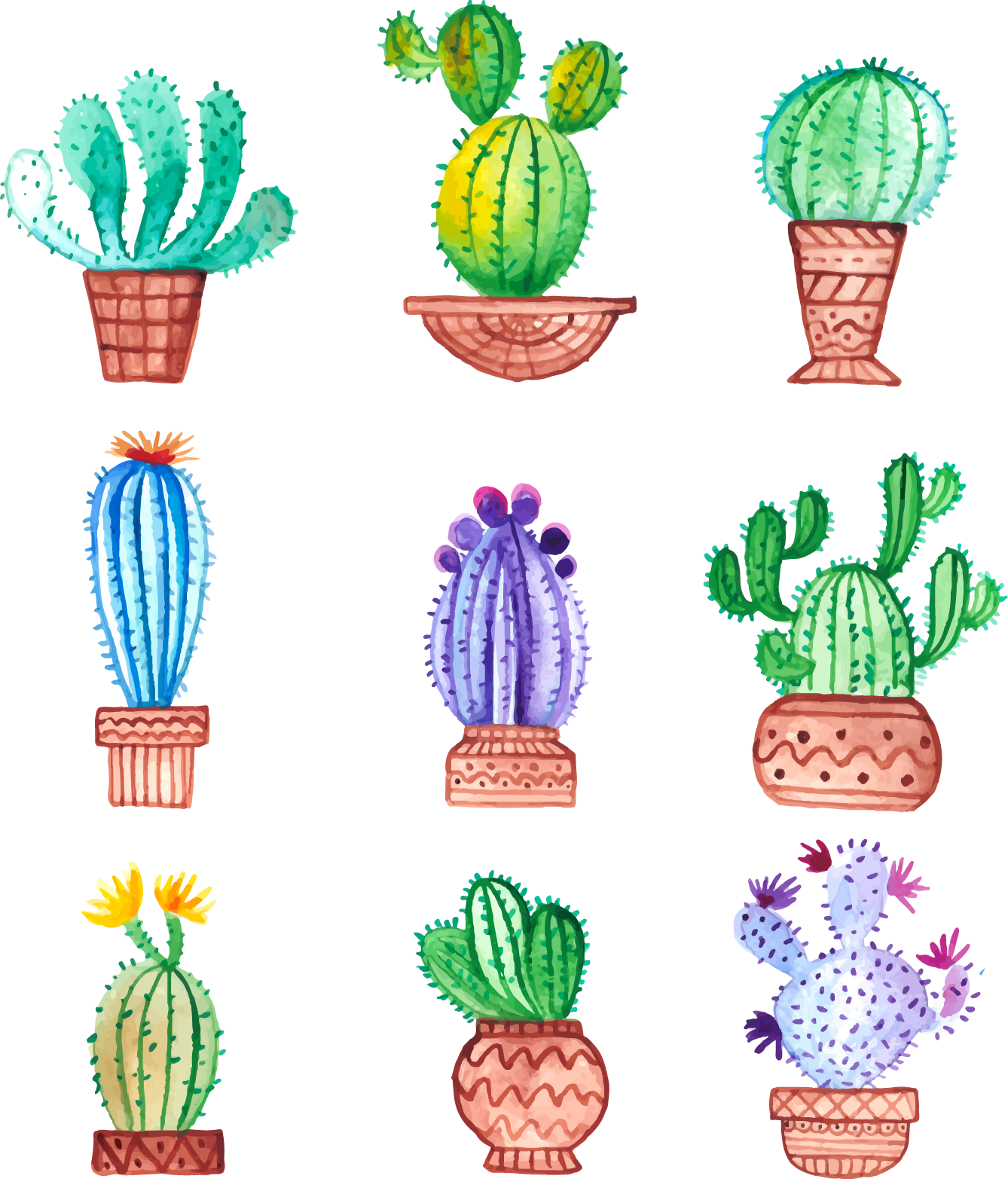 Cactaceae Watercolor Painting Drawing - Cute Cactus Plant Drawing (1338x1565), Png Download