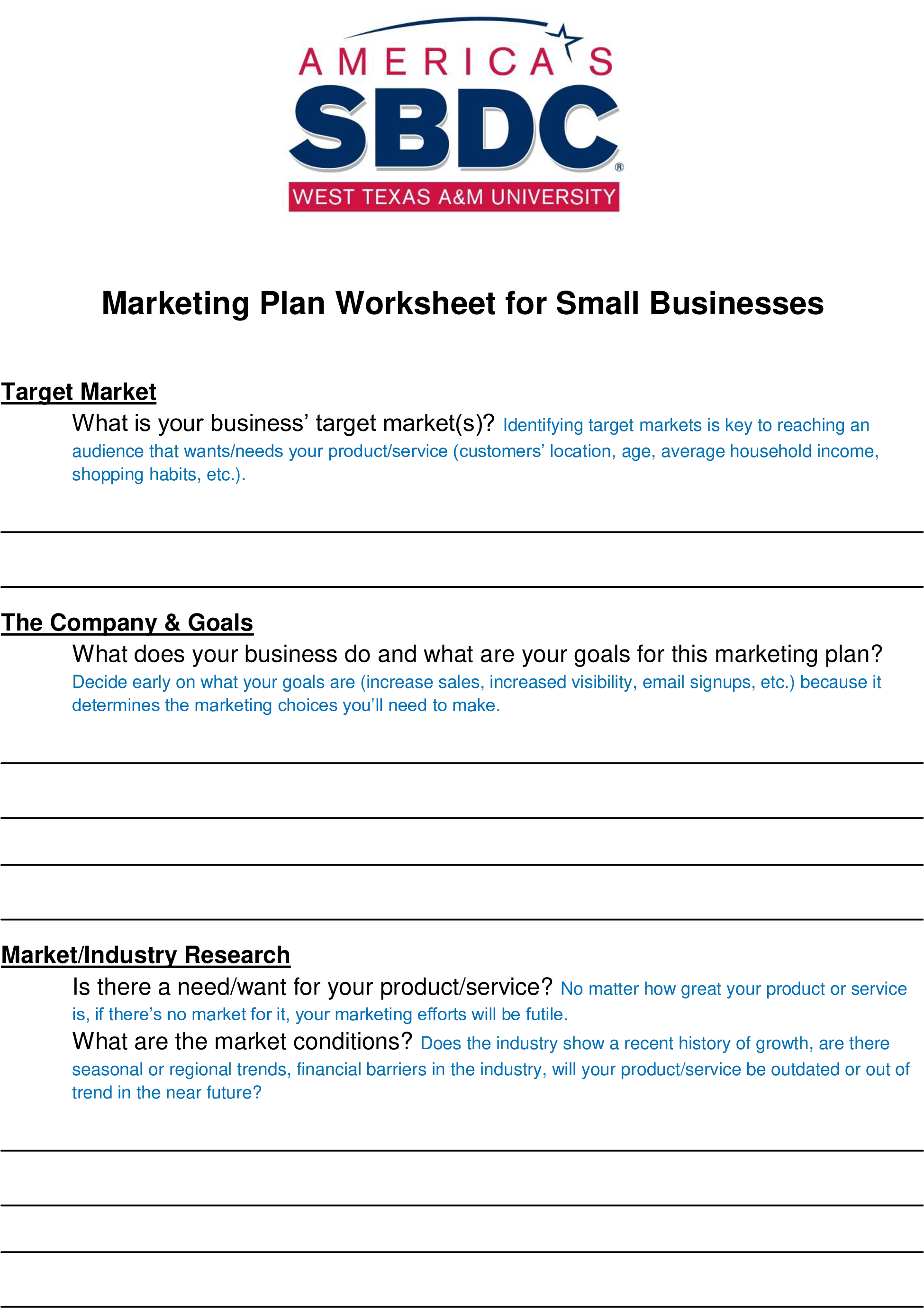 Small Business Marketing Plan Worksheet Main Image - Small Business Administration (2550x3300), Png Download