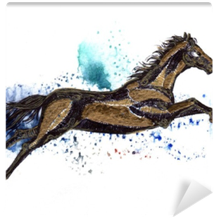 Flying Horse Black And Gold Drawing On A Watercolor - Watercolor Painting (400x400), Png Download