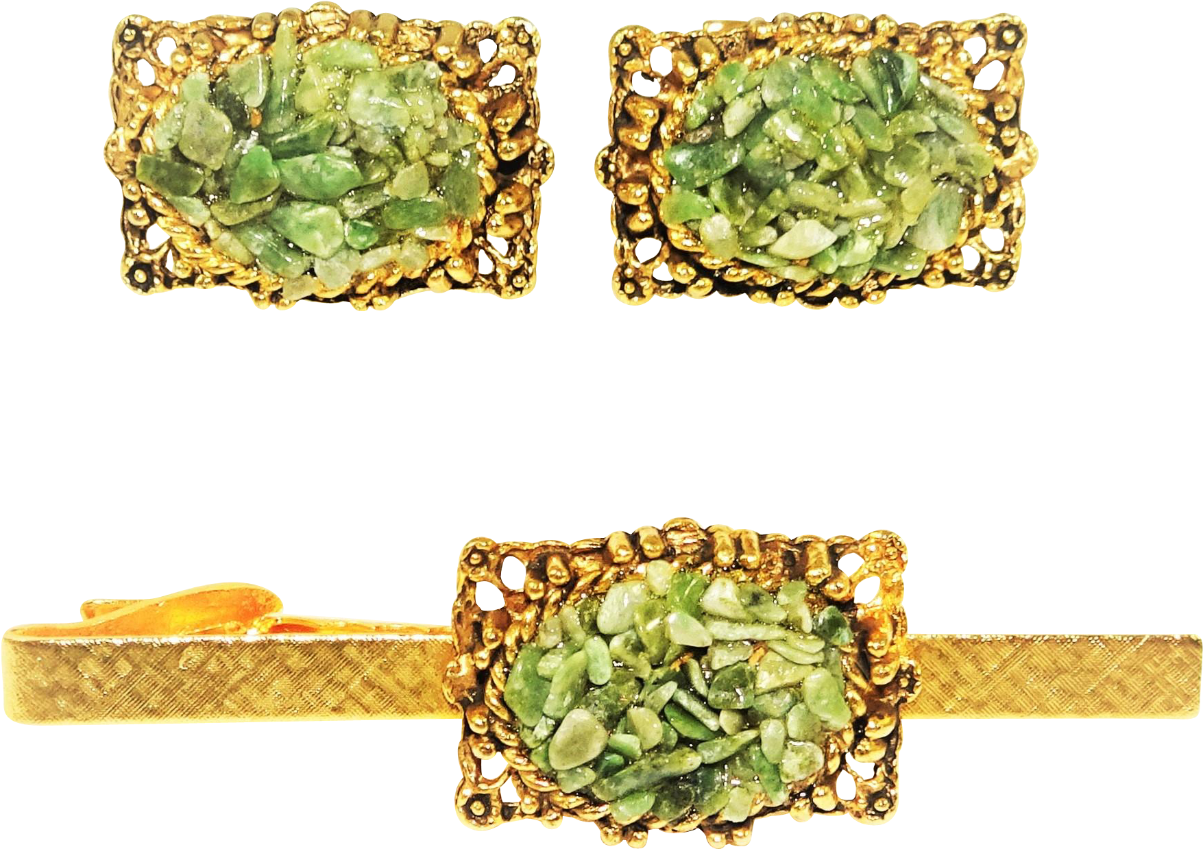 Vintage Jade Chip Gold Tone Cufflinks Tie Clip Set - Earrings (1754x1754), Png Download