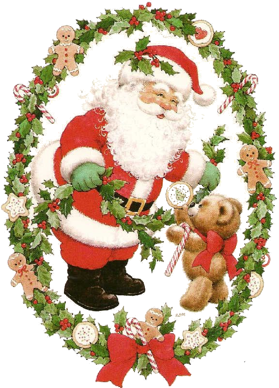 Santa Standing Inside A Holly Garland With A Teddy - Sarah Kay Navidad (576x800), Png Download