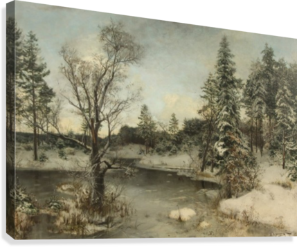 River In The Winter Forest Canvas Print - Painting (429x357), Png Download