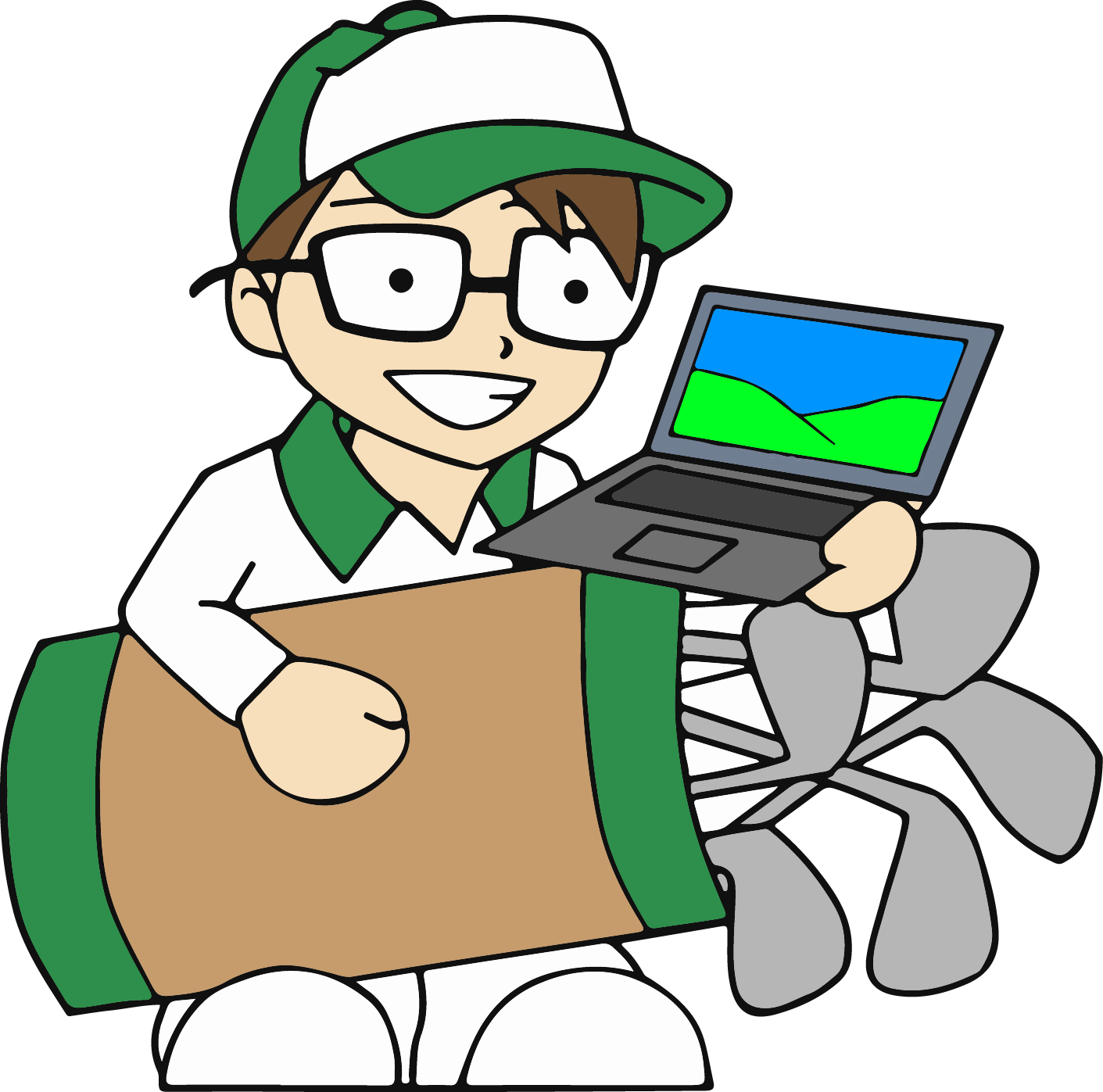 Kaddy's Computer Repair - Cartoon Laptop Repair Green Color Png (1411x1397), Png Download