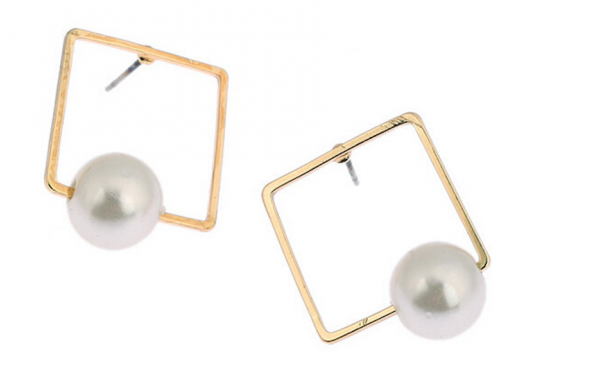 Gold Square Pearl Statement Earrings - Earrings (600x860), Png Download