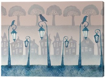 Endless Street With Lighted Lanterns, Ravens And Silhouettes - Watercolor Painting (400x400), Png Download