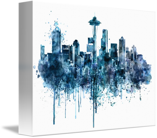 "seattle Skyline Monochrome Watercolor" By Marian Voicu, - Skyline In Watercolor (650x570), Png Download