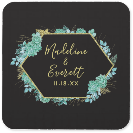 Aqua Teal Watercolor Succulents Gold Foil Frame & Black - Wedding (467x506), Png Download