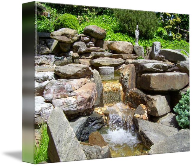 Japanese Garden Waterfall And Statue By Mary Upton - Waterfall (650x560), Png Download