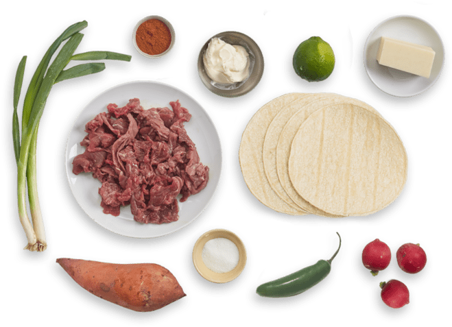 Beef Tacos & Radish Salsa Spicy Sweet Potato Wedges - Beef Tacos Blue Apron (700x477), Png Download