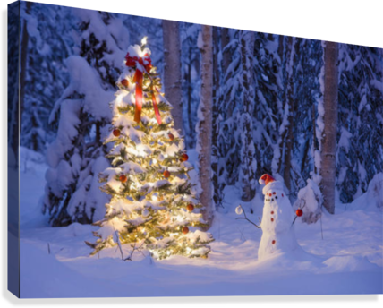 Snowman With Santa Hat Hanging Ornaments On A Christmas - Kevin Smith Gallery-wrapped Canvas Entitled Snowman (428x344), Png Download