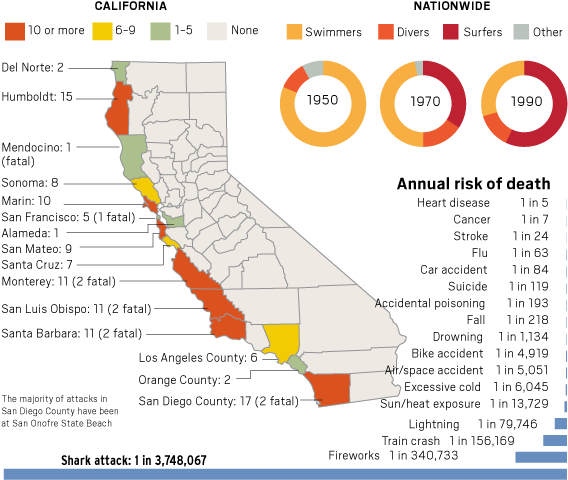 Tibsl Buubdlt Cz Uif Ovncfst - Shark Attacks In California 2017 (577x490), Png Download