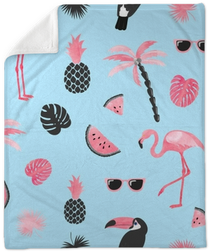 Tropical Trendy Pattern With Watercolor Flamingo, Watermelon - Flamingo Summer Background (400x400), Png Download