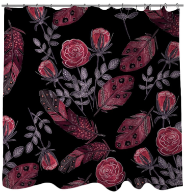Watercolor Red Roses And Feathers On Black Shower Curtain - Red Feathers Of Birds . Backpack By Fuzzyfox85 (400x400), Png Download