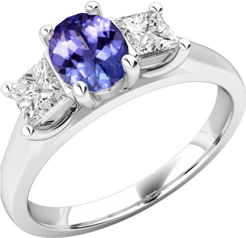 A Stunning Three Stone Tanzanite & Diamond Ring In - Oval Ruby Ring With Diamond Sides (500x500), Png Download