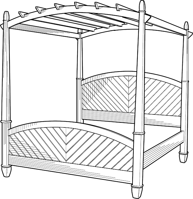 Black, Outline, Room, White, Cartoon, Bed, Poster, - Four Poster Bed Sketch (619x640), Png Download