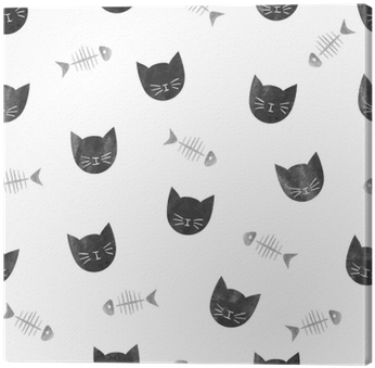 Seamless Pattern With Watercolor Black Cats And Fishbones - Cat (400x400), Png Download