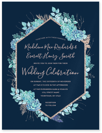 Blue & Aqua Watercolor Succulents Rose Gold Foil Frame - Wedding Invitation (398x547), Png Download