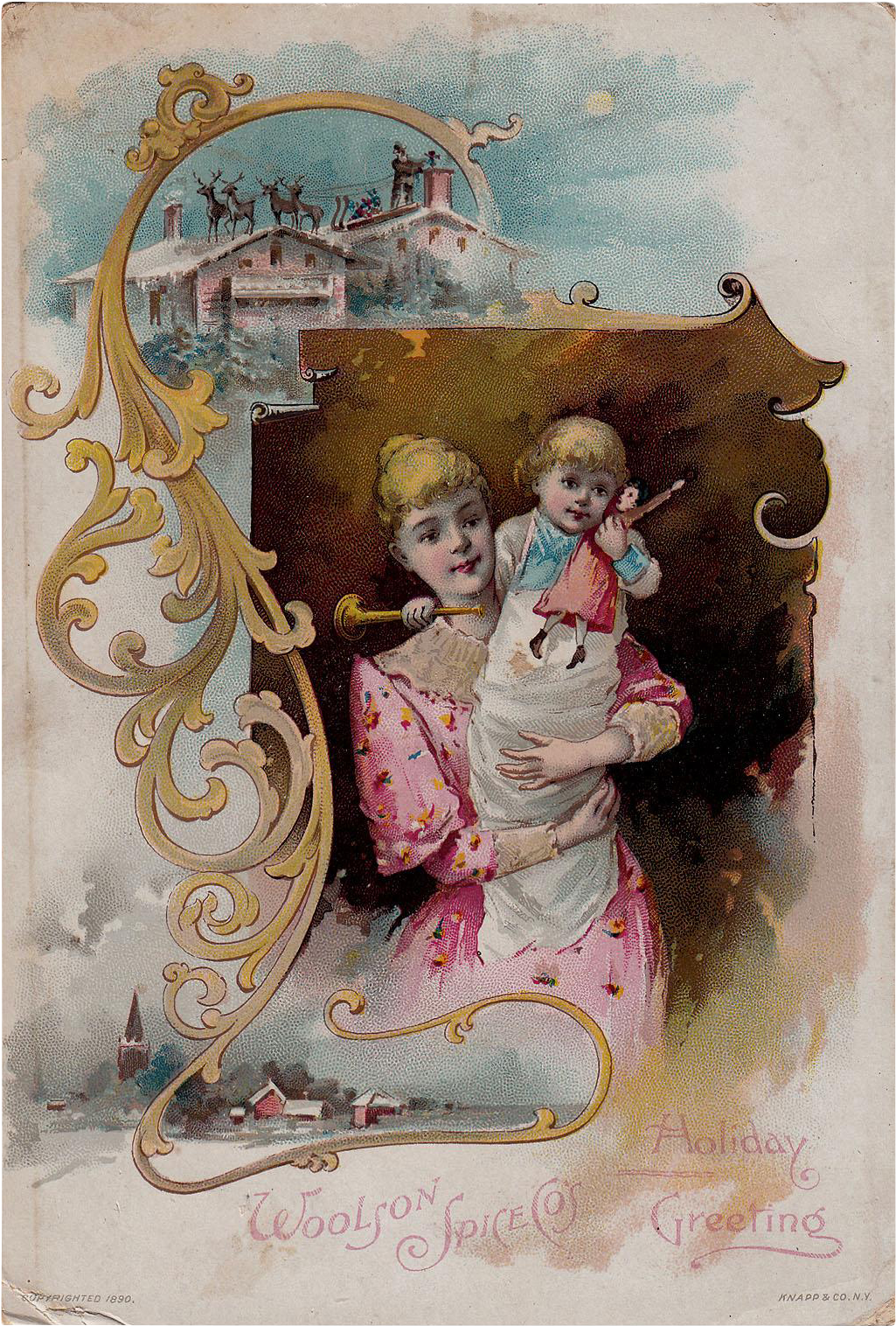 Mother, Child, Santa Claus, Lion Coffee Christmas Trade - Painting (1515x1515), Png Download