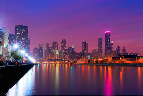 Chicago Skyline At Night Colorful (500x500), Png Download