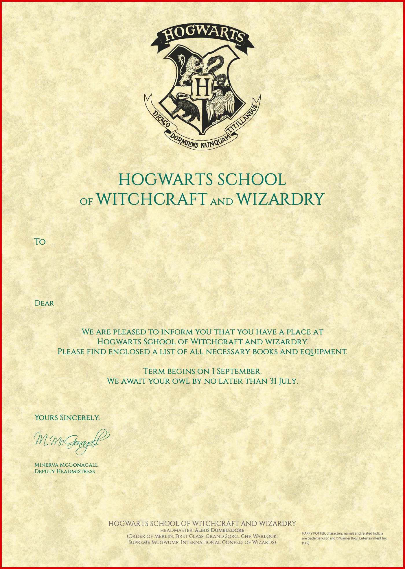 Personalised Hogwarts Acceptance Letter - Draco Malfoy's Letter (1400x1968), Png Download