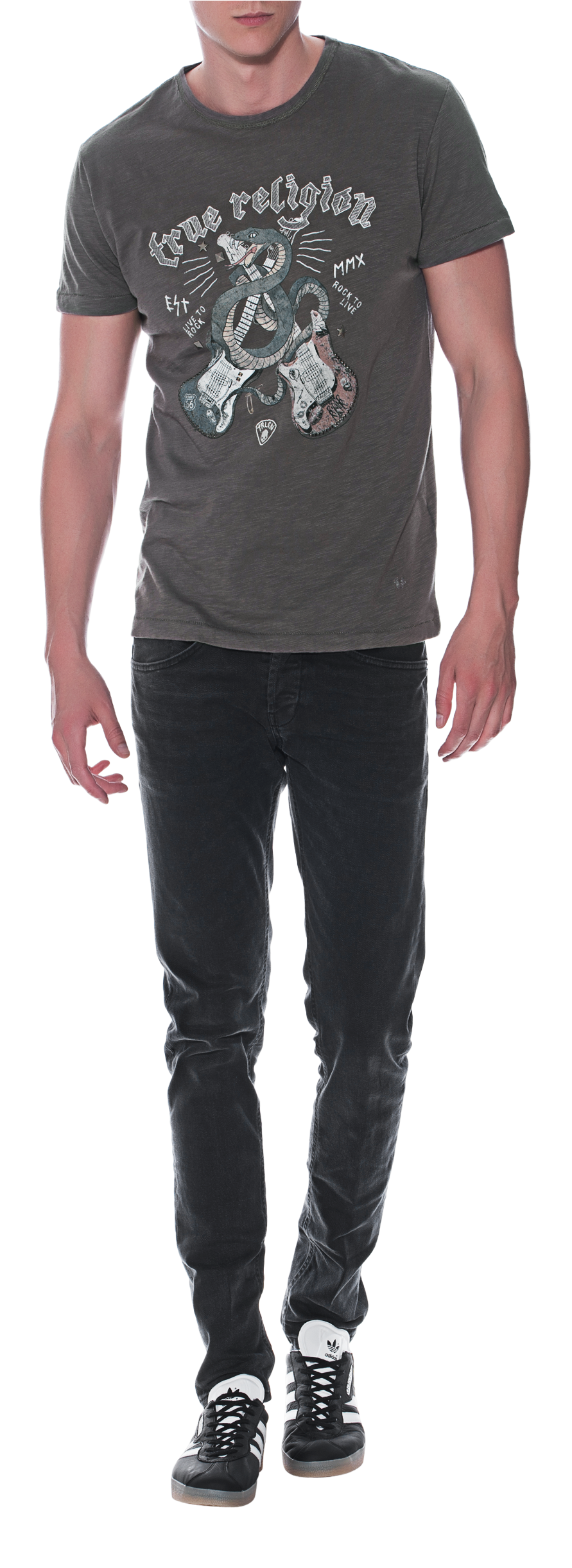 True Religion Snake Guitar Dusty Olive Embroidered - Shirt (1900x2442), Png Download