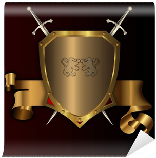 Golden Riveted Shield With Swords And Golden Ribbon - Escudo Y Espada En Dorado (400x400), Png Download