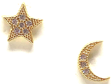 Micro Pave Moon & Star Stud - Gold (806x891), Png Download