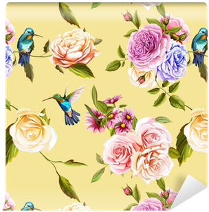 Humming Bird, Roses With Leaves On Yellow - Carta Da Parati Colibrì (400x400), Png Download