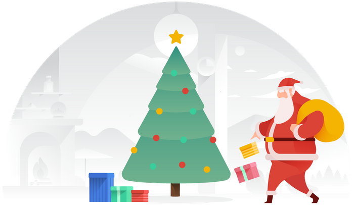 Premium Santa Flying Over Mountains Illustration Download - Christmas Tree (1013x450), Png Download
