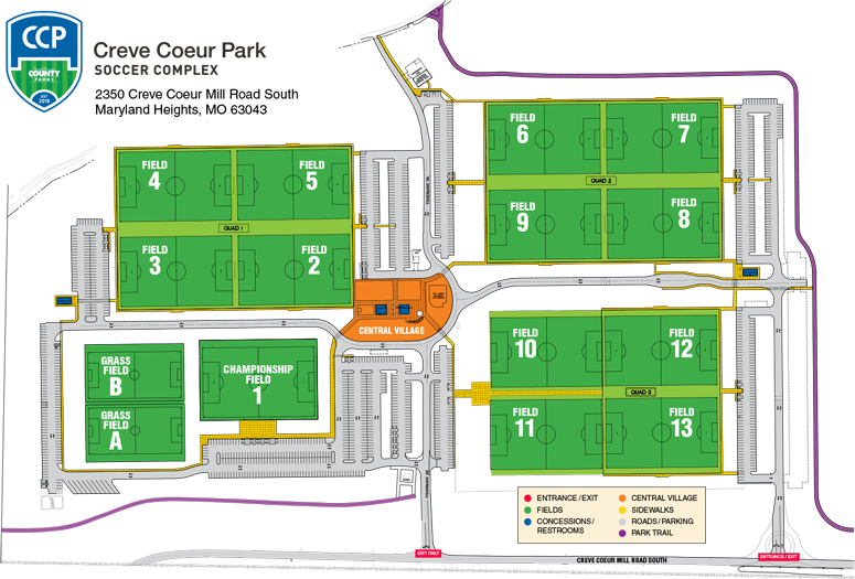 Creve Coeur Park Soccer Complex - Creve Coeur Soccer Park Field Map (775x525), Png Download