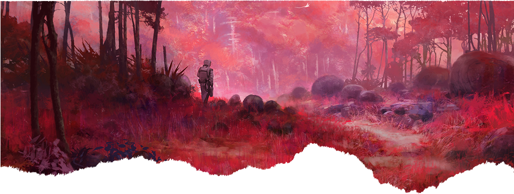Red Trees Shine Like Ruby, Cliffs Pour Roaring Crystal - Concept Art (1000x404), Png Download