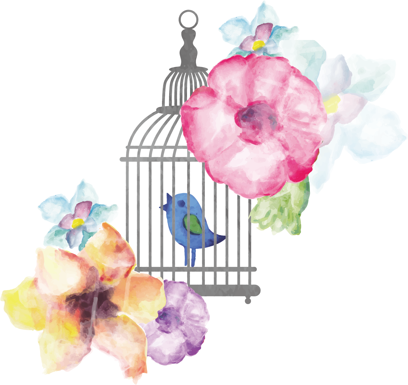 Birdcage Watercolor Painting - Flower With Bird Cage Png (2257x2430), Png Download