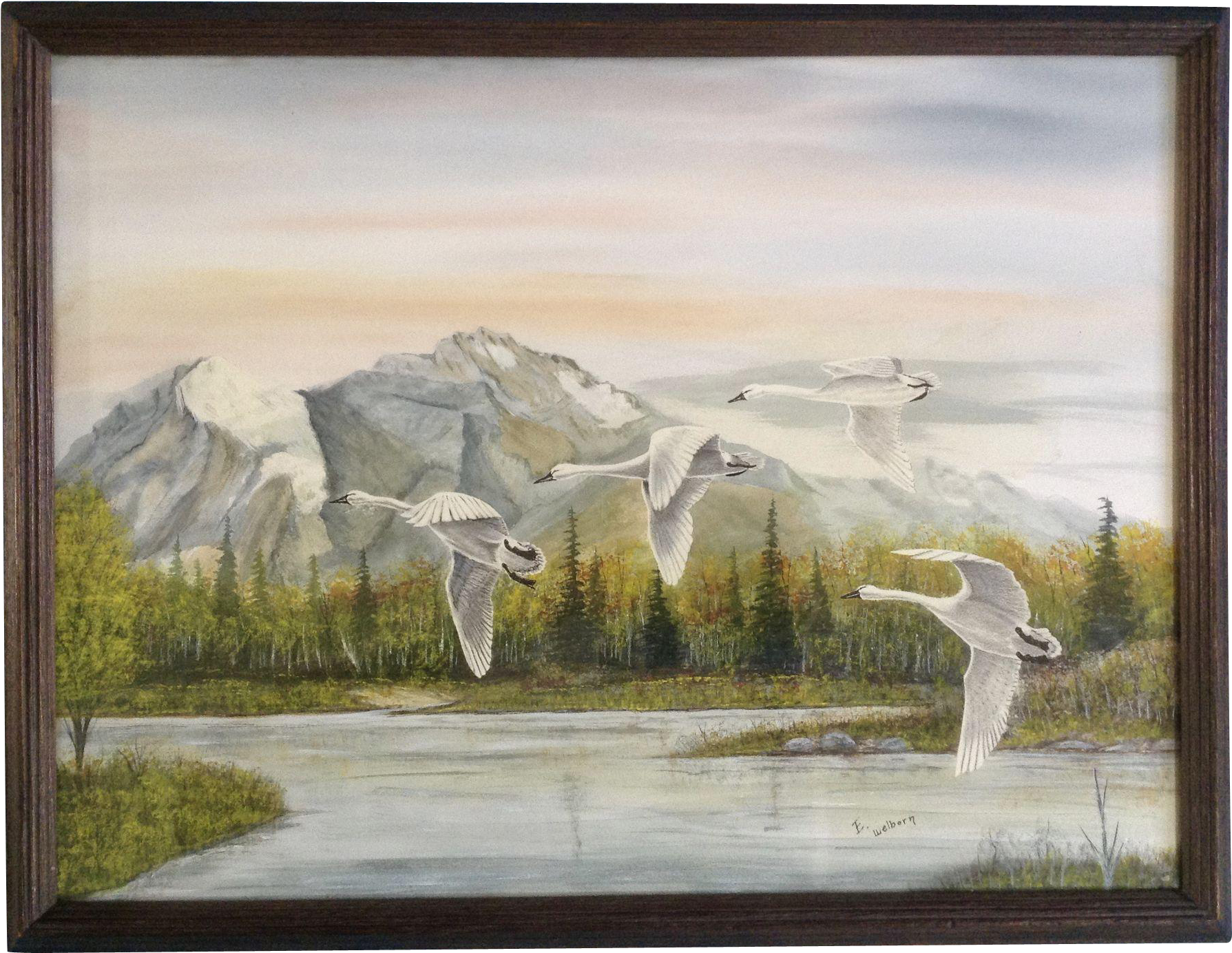 E Welborn, Swans Stop Over At Rocky Mountain Lake Watercolor - Painting (1788x1788), Png Download