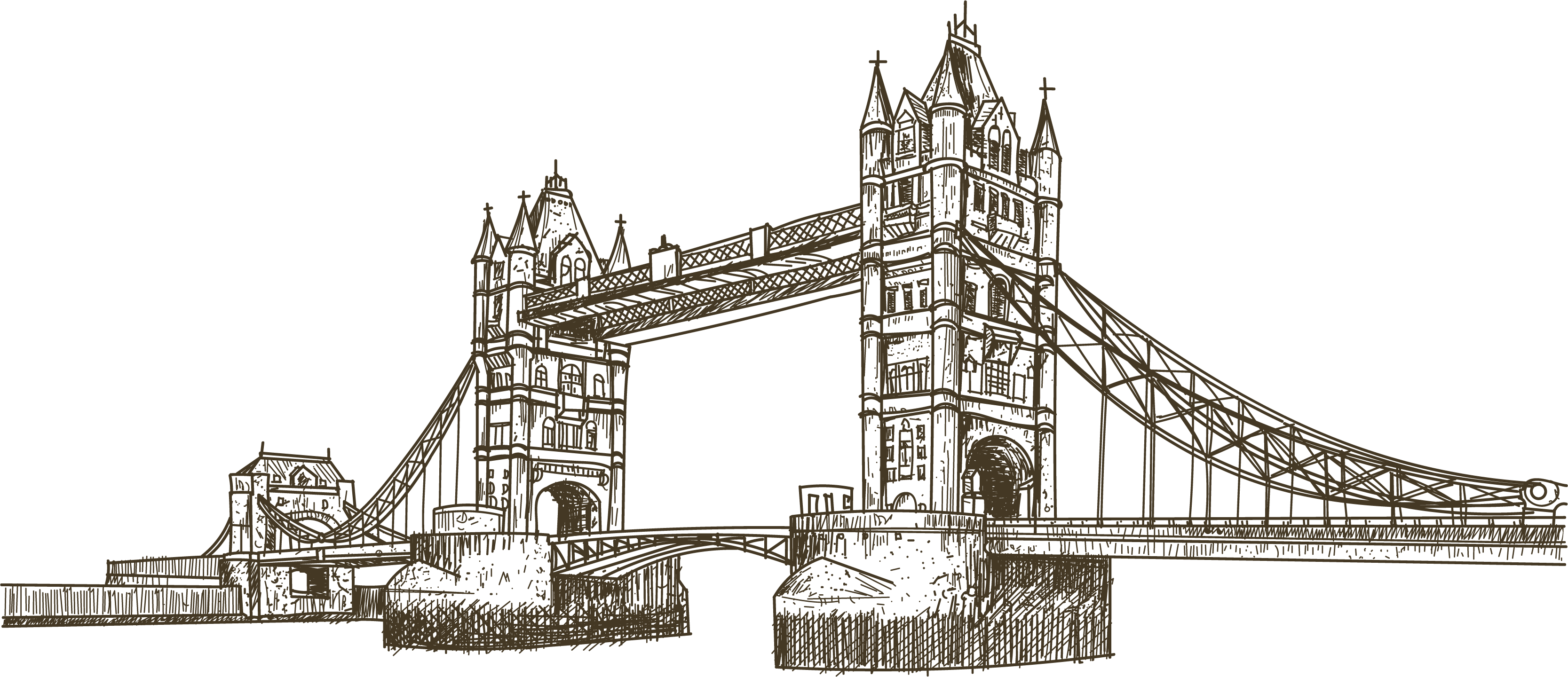 Big Ben Tower Landmark - Drawing Big Ben And The Bridge (3334x1440), Png Download