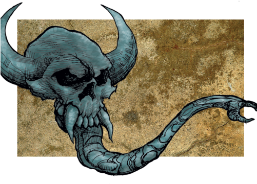 Evil Horned Skull With Fangs & Tongue - Skull (500x383), Png Download